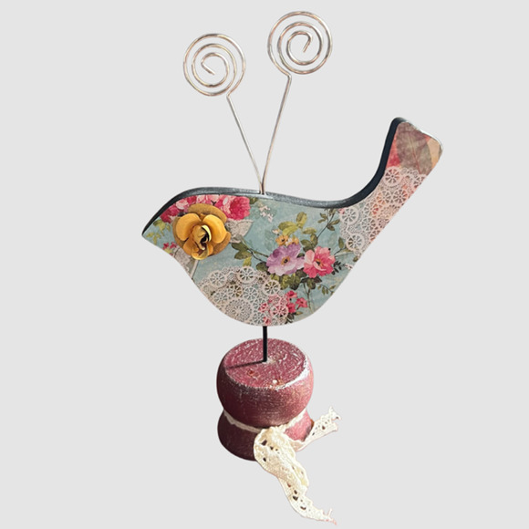 Wooden Bird with Floral & Lace Design 9.5" Wire Note Holder, EUC - Picture 2 of 5